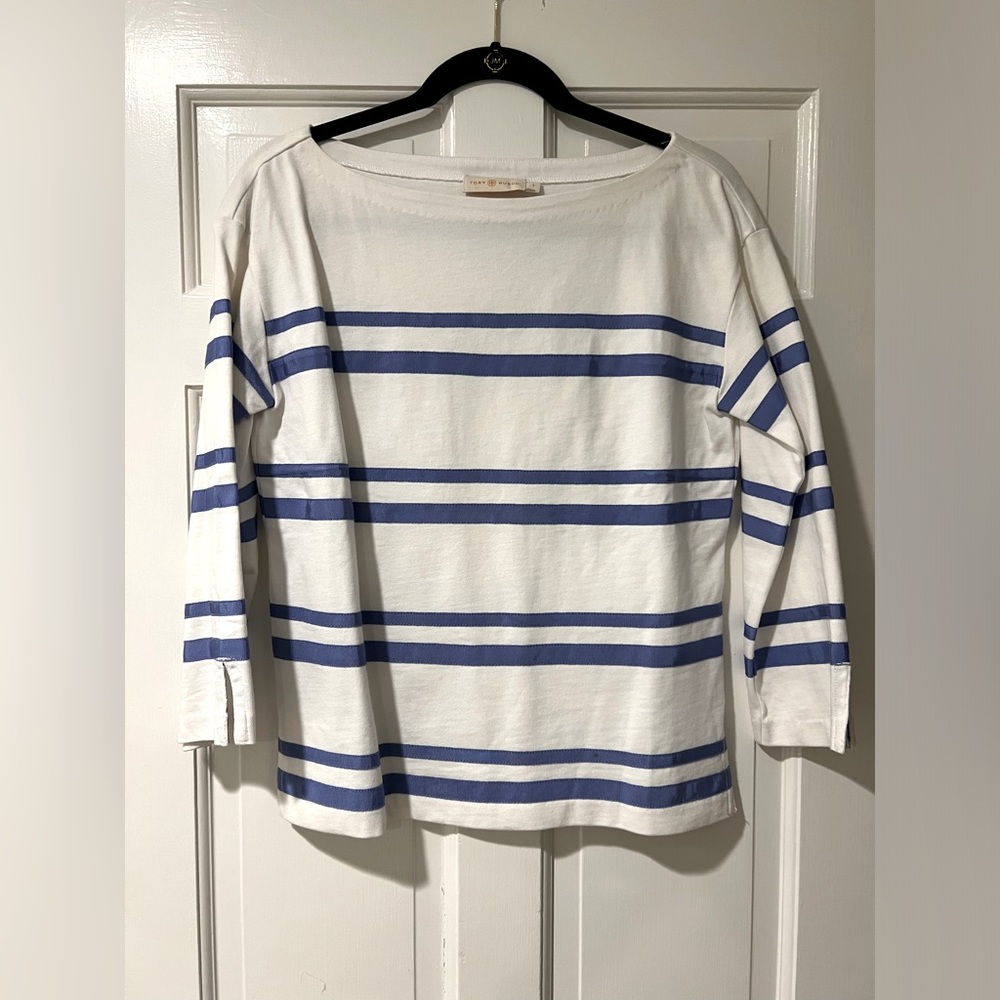 Tory Burch Like New Grosgrain Ribbon Blue Stripe 3/4 Boatneck Top